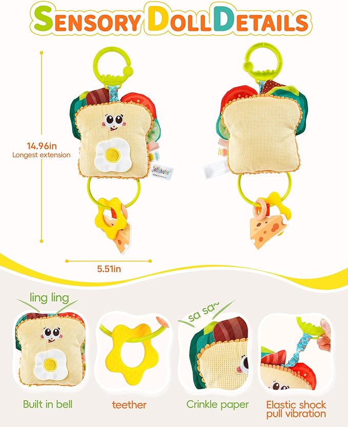 Jollybaby Baby Pull Vibration Toy - Tummy Time Sensory Hanging Toys for Car Seat, Stroller, Crib & Play Gym, with Babies Rattles & Teether, Airplane Travel Toys for Toddlers Gift- Toast