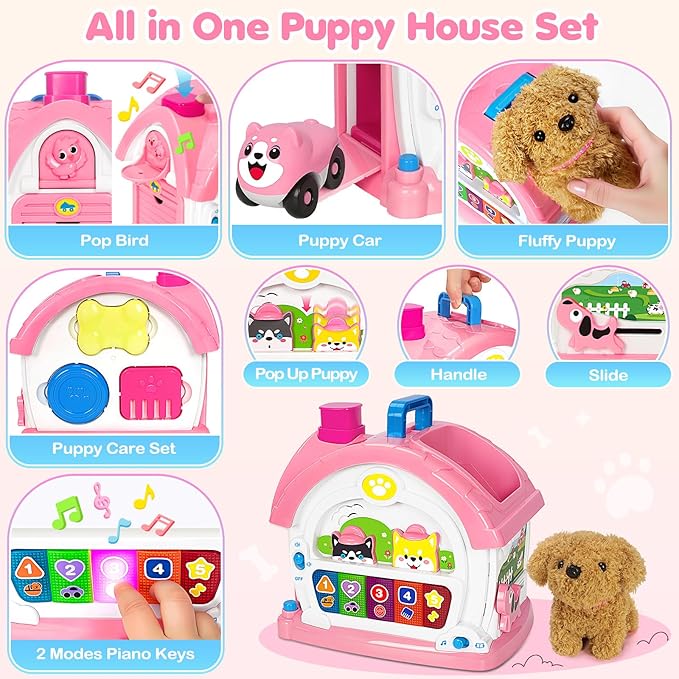Montessori Toys for 1 2 3 Year Old Girl Gifts, Baby Musical Toys 12 18+ Months, 10 in 1 Bilingual Learning Toy with Sound Light, Cute Toy with Plush Puppy, First Birthday for Toddlers