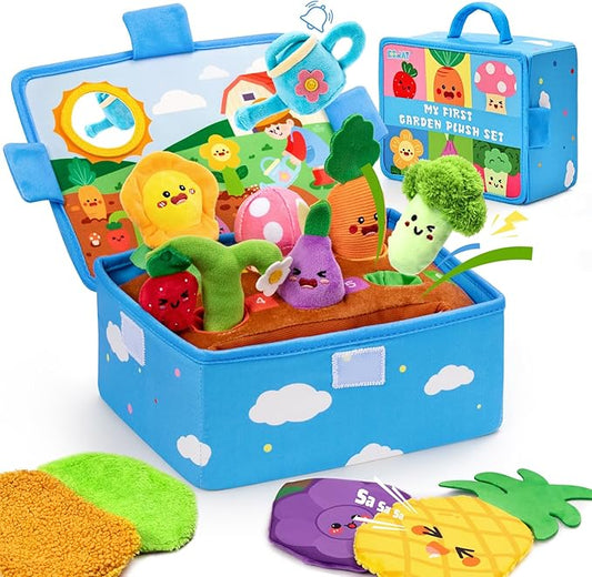 Baby Toys 6-12 Months, Montessori Sensory Garden Plush Set Vegetable Fruits, Baby Developmental Learning Toys with Rattle Squeaker Mirror Texture Tissue, Gifts for 6+ month old Boy Girl Christmas
