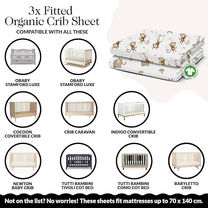 100% Organic Cotton Crib Sheets (3-Pack) - GOTS Certified - Breathable Organic Crib Sheets - Double-Elastic for Secure Fit, Extra Protection for Your Baby - Gender-Neutral Sheet (28"x55")/ 140 x 70cm