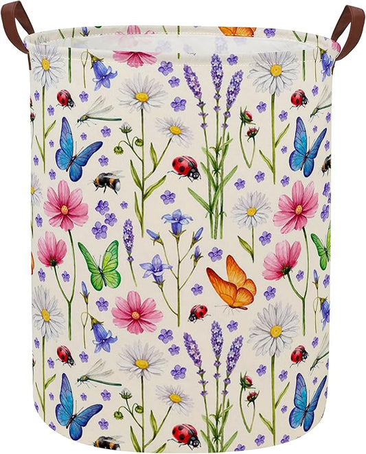 ESSME Kids Laundry Basket,Flower Hamper Collapsible Canvas Waterproof Storage Bin for Form, Nursery Hamper,Gift Baskets,toy bins(Flower cluster)