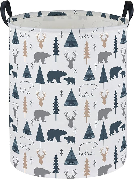 ESSME Kids Laundry Basket,Bear Hamper Collapsible Canvas Waterproof Storage Bin forBoys, Woodland Hamper,Gift Baskets(Bear)