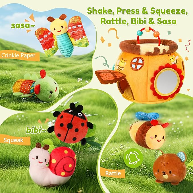 Baby Toys 6-12 Months, Surprise Honey Pot with Sensory Stuffed Animals, Rattle, Crinkle, Mirror, Montessori Toys for Baby Toys 1 Year Old, Infant Toys Christmas Gifts Stocking Stuffers Birthday