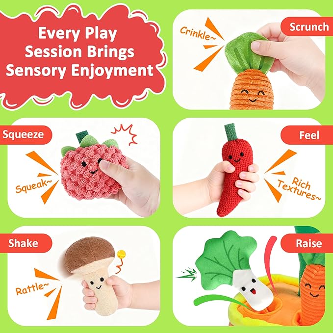 Baby Toys 6-12 Months, My First Fruits Vegetables Color Shape Sorting Montessori Toys, Plush Crinkle Rattle Textures Sensory Toy for 1 Year Old Boys Girls, Toddler Valentines Day Easter Baby Gifts