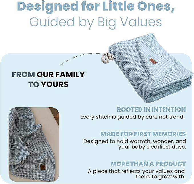 Little Dedi 100% Organic Cotton Baby Knitted Blanket in Gift Box - Soft Toddler, Crib, Stroller Blanket - Neutral Swaddle and Receiving for Newborns, 30"x40", Baby Blue