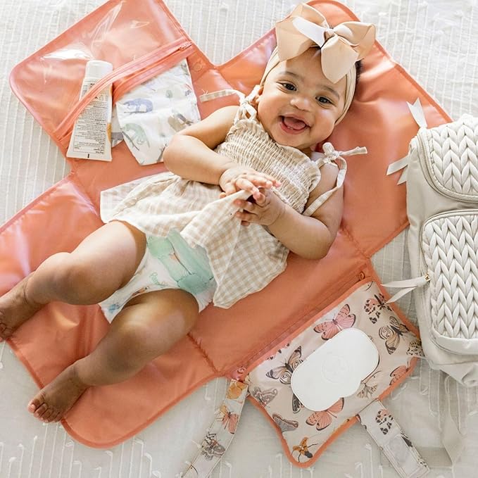 Tiny Twinkle Portable Diaper Changing Pad | Waterproof, Wipeable & Compact Baby Changing Pad for Travel | Smart Wipes Pocket & Organized Storage| Newborn Shower Gift (Flutter)