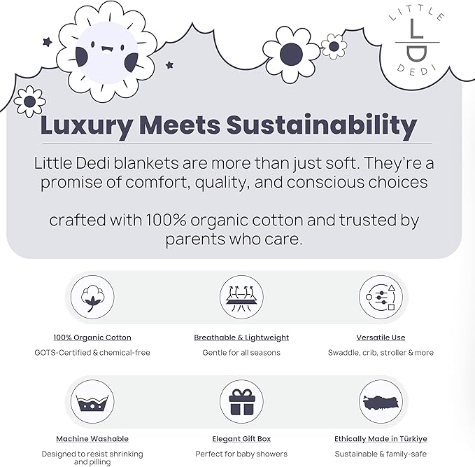Little Dedi 100% Organic Cotton GOTS Certified Baby Knitted Blanket with Gift Box - Soft Toddler, Crib, Stroller Blanket - Neutral Swaddle and Receiving Blanket for Newborns, 30"x40", Grey Blue