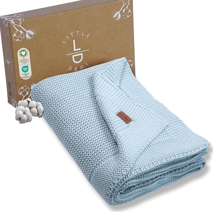 Little Dedi 100% Organic Cotton Baby Knitted Blanket in Gift Box - Soft Toddler, Crib, Stroller Blanket - Neutral Swaddle and Receiving for Newborns, 30"x40", Baby Blue