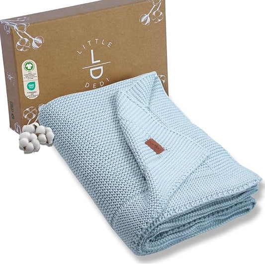 Little Dedi 100% Organic Cotton Baby Knitted Blanket in Gift Box - Soft Toddler, Crib, Stroller Blanket - Neutral Swaddle and Receiving for Newborns, 30"x40", Baby Blue