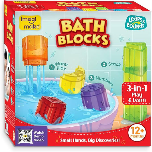 Imagimake Bath Blocks Baby Toys | Leaps & Bounds Bath Toy for Toddlers 12+ Months | Learning Toy for Toddler & Infant | 3-in-1 Play & Learn | Strain, Stack & Learn Numbers | Gift for Kids 1+ Year Old