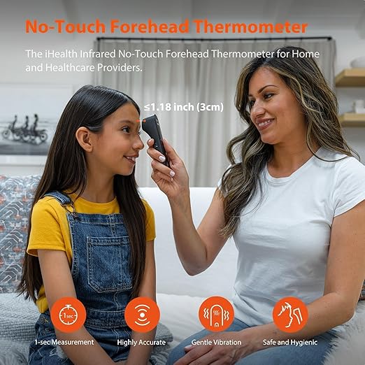 iHealth No-Touch Digital Forehead Thermometer for Adults, Babies, Kids, 3 Ultra-Sensitive Sensors, Quiet Vibration Feedback, Large LED Digits, Easy to Use for Home, PT3 Black