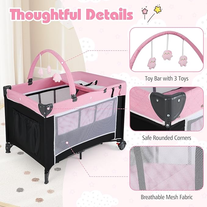 HONEY JOY Pack and Play, 4 in 1 Folding Infant Playpen with Bassinet, Quickly Assembled, Breathable Mesh Fabric, Carry Bag, Diaper Changing Table, Toys, Portable Crib for Babies & Toddlers (Pink)