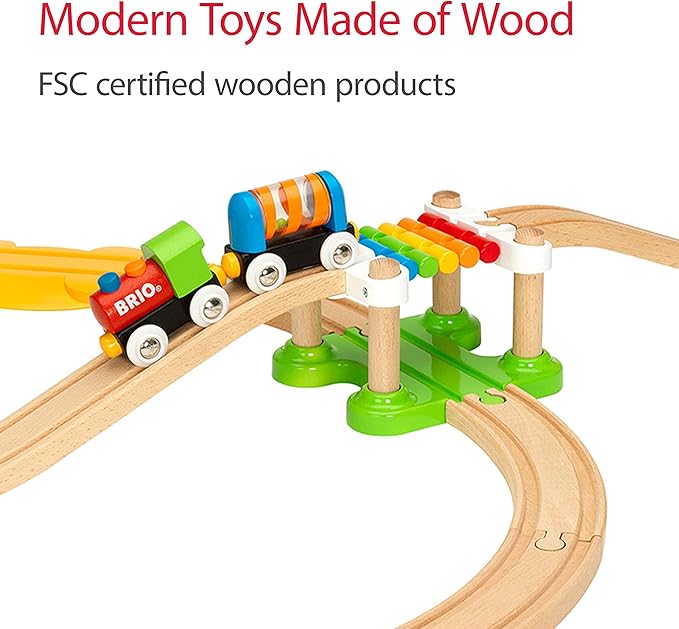 BRIO My First Railway Beginner Pack - 18-Piece FSC-Certified Wood Train Set - Compatible with All BRIO Sets - Includes Rainbow Bridge & Rattle Wagon - Safe Play - Toddlers Ages 18 Months & Older