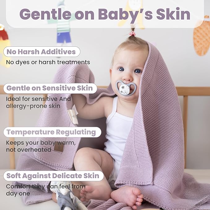 Little Dedi 100% Organic Cotton GOTS Certified Baby Knitted Blanket with Gift Box - Soft Toddler, Crib, Stroller Blanket - Neutral Swaddle and Receiving Blanket for Newborns, 30"x40", Lavender Frost