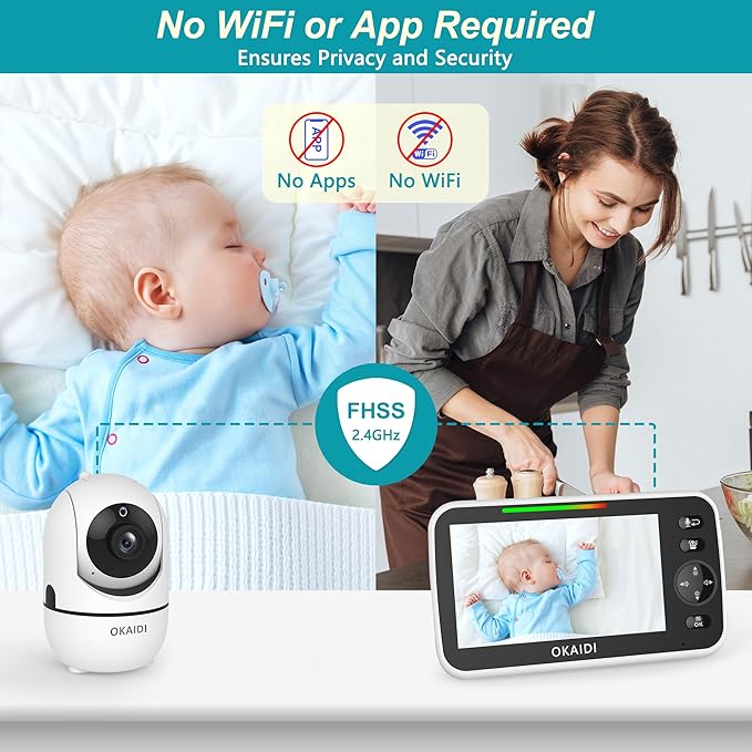 OKAIDI 720P HD Baby Monitor, 5 Inch Baby Monitor with Camera and Audio, 5000mAh Battery, Remote Pan-Tilt, 3X Zoom, 1000ft Baby Monitor NO WiFi, Night Vision, 2-Way Talk, Temperature, Lullabies