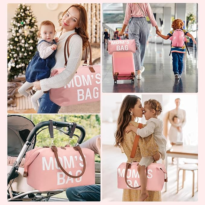 printe Large Diaper Bag Tote with Changing Pad, 2 Organized Pouches, Mom's Bag for Hospital with Pacifier Case, Straps, Stroller Hook, Hospital Weekender Travel Pink Baby Diaper Tote Bag