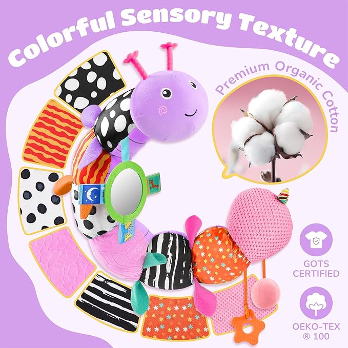 AWOTOY Baby Toys 6-12 Months Music Caterpillar Infant Toys Stuffed Animals 0-3-6 Months Teething Tummy Time Sensory Toys with Mirror Rattle&Pull String for Boys Girls Birthday Gifts|Lavender Purple