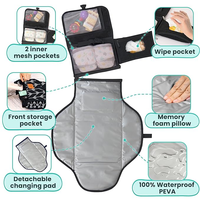 Pillani Portable Changing Pad - Travel Diaper Changing Mat, Waterproof, Foldable & Detachable Station with Baby Wipes Pockets