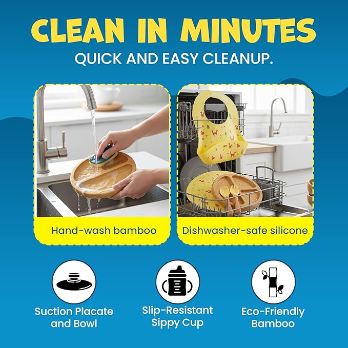 Bamboo & Silicone Baby Feeding Set 8 PCS | Baby Led Weaning Supplies Self Feeding | Divided Suction Plate Bowl Bib Sippy Cup with Straw Utensils Baby Bowls and Spoons Toddler Feeding Set (Yellow)