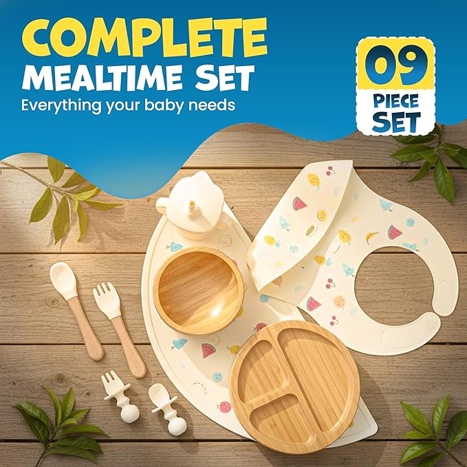 Bamboo & Silicone Baby Feeding Set 8 PCS | Baby Led Weaning Supplies Self Feeding | Divided Suction Plate Bowl Bib Sippy Cup with Straw Utensils Baby Bowls and Spoons Toddler Feeding Set (Vanilla)