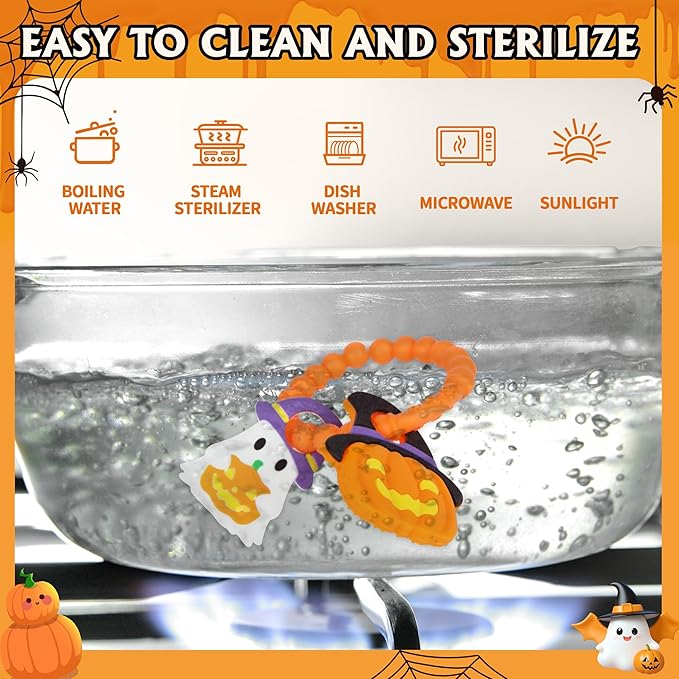 Baby Halloween Teething Toys, Soft Pumpkin & Ghost Textured Silicone Teether for 3-6 6-12 Months, BPA-Free Baby Halloween Teether Toys, Boo Basket Stuffers Sensory Gifts for Infant Boys & Girls