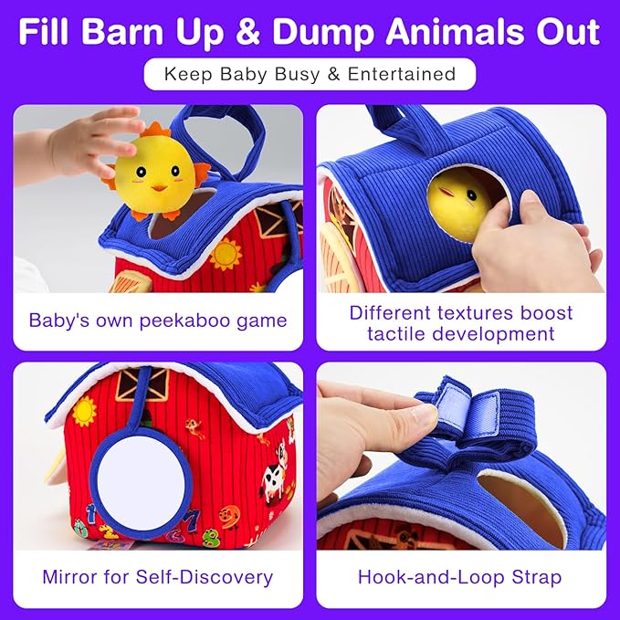 Baby Toys 6-12 Months, Barn Toy with Stuffed Farm Animals - Rattle, Crinkle Paper, Montessori Toys for 1 Year Old, Sensory Toy for Toddlers 1-3 Birthday Gifts Infant Christmas Stocking Stuffers