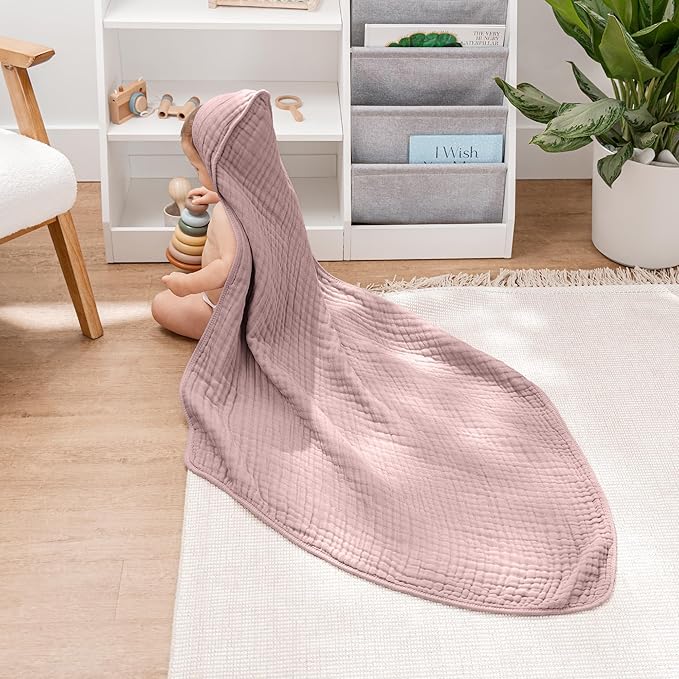 Comfy Cubs Hooded Baby Towel 1-Pack, Large 32 x 32 Inch - 6 Layer 100% Muslin Cotton for Babies, Toddlers and Kids - Soft & Absorbent Baby Bath Towels - Unisex Design for Bath Time - Mauve