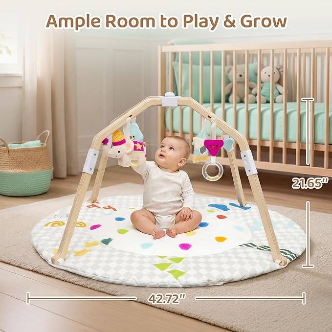 Bella's Friends Circus-Themed Baby Play Gym, 2-Sided High-Contrast Tummy Time Mat with 4 Detachable Sensory Toys, Foldable Wooden Frame Playmat for Stage-Based Development, Baby Essentials Shower Gift