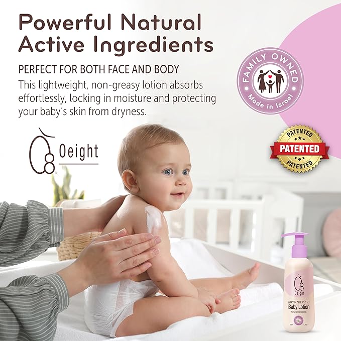 Oeight Baby Lotion is a natural body lotion for newborns and infants, ideal for sensitive skin. This gentle moisturizer soothes, softens, and nourishes, making it perfect for kidswith dry