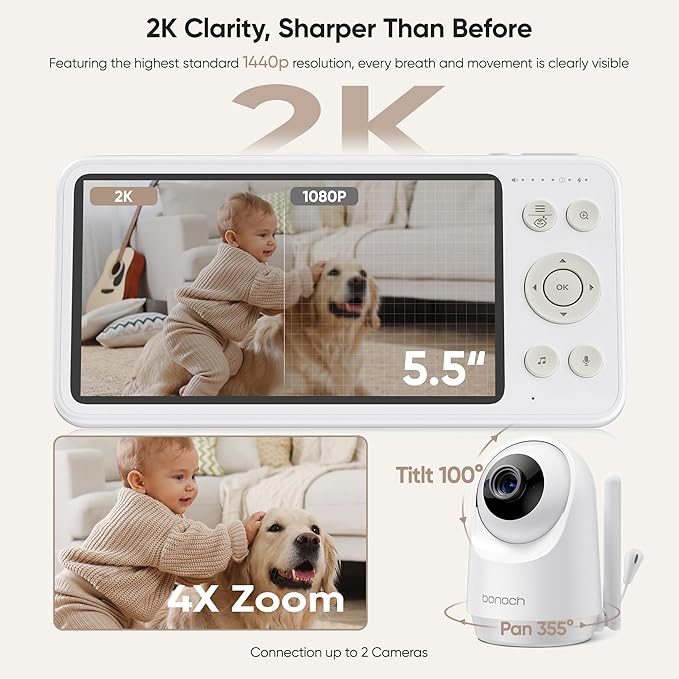 bonoch 2K Baby Monitor with Camera and Audio, 5.5" Smart No WiFi Video Baby Camera, 240h Battery, 1600ft Long Range, Crying/Motion/Turnover Detect, Hack Proof, Night Vision, White Noise, Shower Gifts