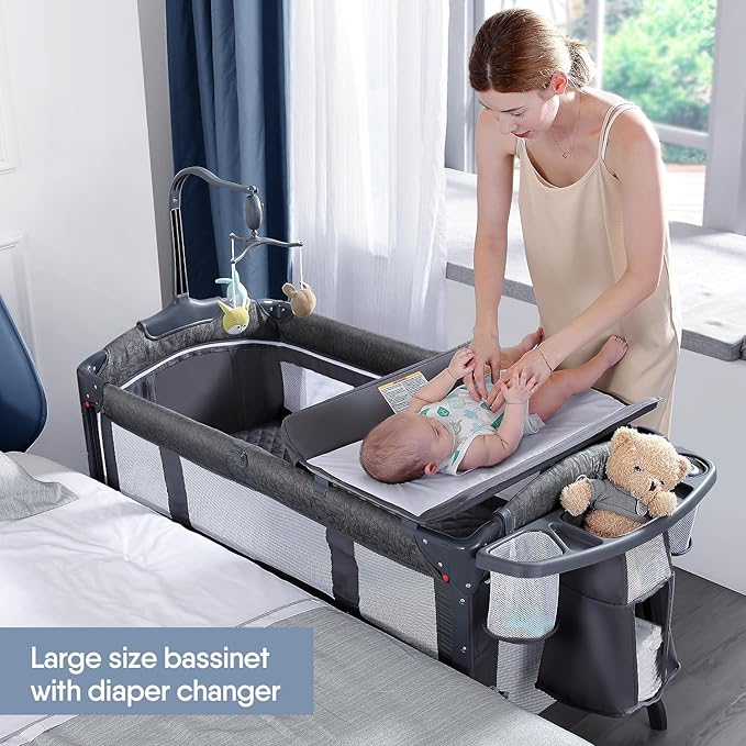 BabyBond Baby Bassinet Bedside Crib, Pack and Play with Sheet, Diaper Changing Table and Music Mobile from Newborn to Toddles, Portable Large Playard