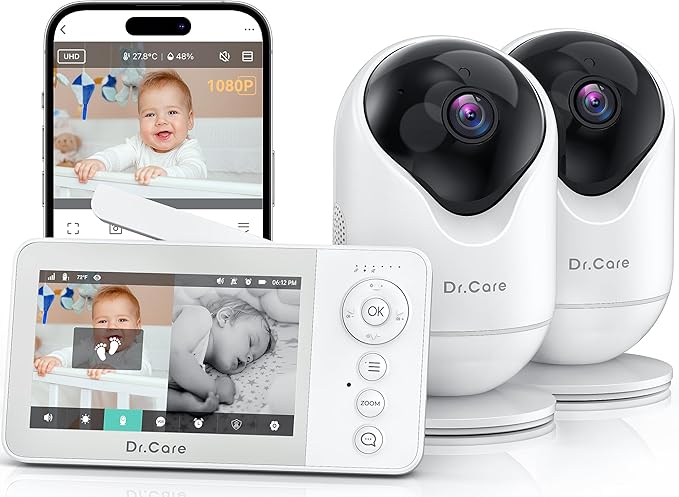 Dr.Care VistaView Lite RB Smart WiFi Baby Monitor with 2 Cameras - 4” 720P Split Screen & 1080P Camera App Control, Motion Alerts, 2500mAh Removable Battery, Night Vision, Multi-User, Triple Security