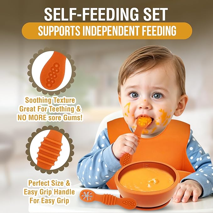HippoBaby 6 Piece Baby Bowls With Suction and Lids | Toddler Bowl Set with 1 Bowl, 1 Bib, 2 Baby Spoons, 1 Large Spoon, 1 Large Fork, Baby Feeding Essentials (1, Autumn)