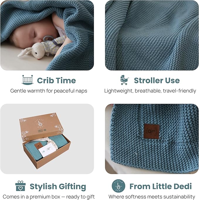 Little Dedi 100% Organic Cotton Baby Knitted Blanket with Gift Box - Soft Toddler, Crib, Stroller Blanket - Neutral Swaddle and Receiving Blanket for Newborns, 30"x40", Smoke Blue