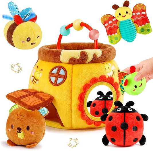 Baby Toys 6-12 Months - Soft Beehive with 5 Sensory Stuffed Animals, Rattle, Crinkle & Mirror, Montessori Toys for 6 7 8 9 10 Month Old Baby Boy Girl Valentines Gifts Easter Basket Stuffers Ages 0-2