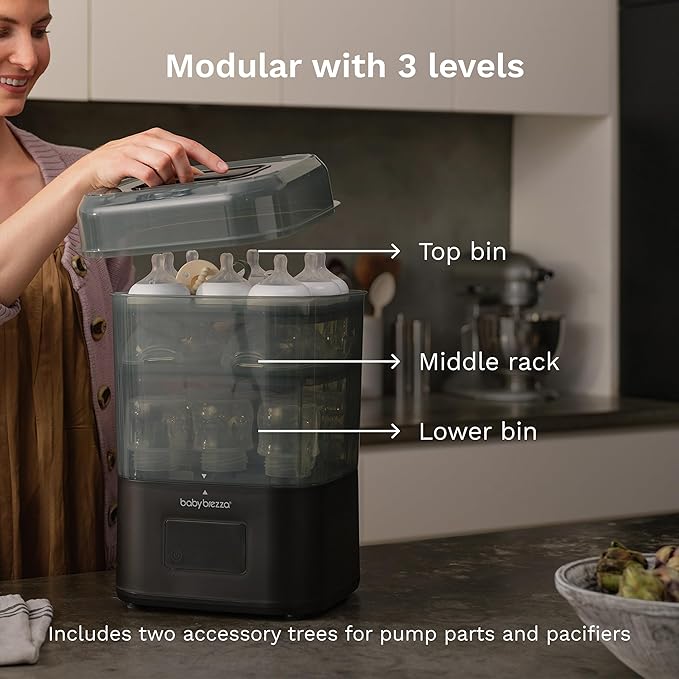 Baby Brezza 10 Minute SuperQuick Bottle Sterilizer + Dryer - Large 8 Bottle Capacity - Steam Sanitization – Universal Fit for All Bottles: Plastic + Glass + Pacifiers + Breast Pump Parts, Matte Black