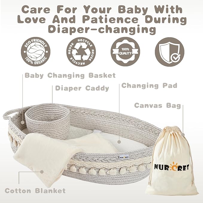 Baby Changing Basket, Foldable Portable Changing Pad, Moses Basket for Newborn, Changing Table Topper for Dresser, Cotton Rope Diaper Caddy for Travel&Nursery, Waterproof Foam Pad Cover, Off-White