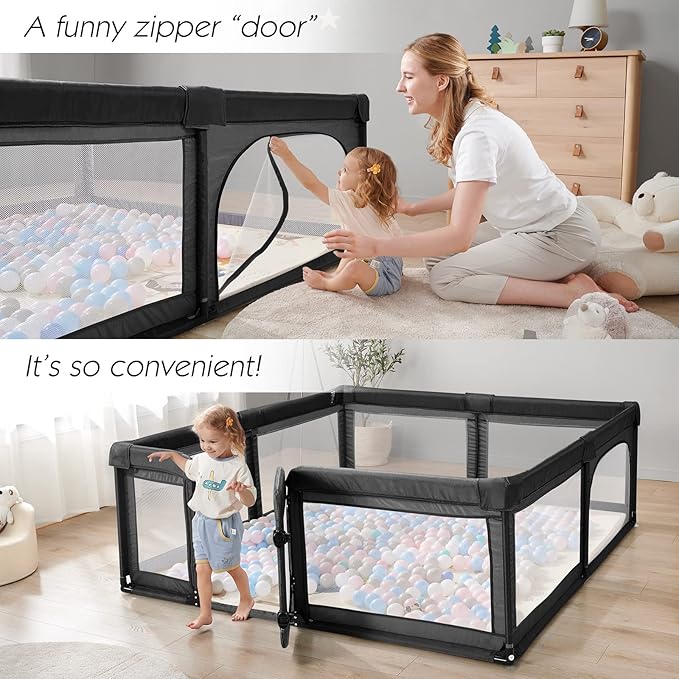 Baby Playpen,Extra Large Playpen for Babies and Toddlers, Sturdy Play Pen Play Yard with Safety Gate,79”x71”Baby Play Pen(Black)