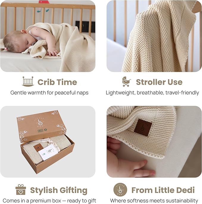 Little Dedi 100% Organic Cotton Baby Knitted Blanket with Gift Box - Soft Toddler, Crib, Stroller Blanket - Neutral Swaddle and Receiving Blanket for Newborns, 30"x40", Beige