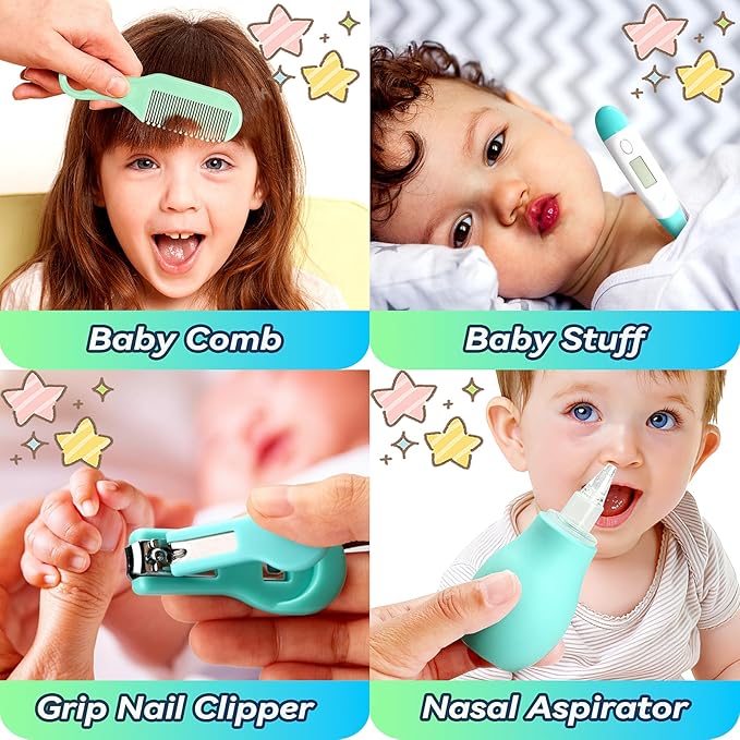 Baby Healthcare and Grooming Kit, 14 in 1 Baby Safety Set Newborn Nursery Health Care Set with Hair Brush Scale Nail Clippers for Baby Girls Boys(14 Kits Green)