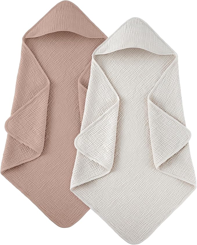 Susurration Hooded Baby Towels for Newborn 2 Pack 100% Muslin Cotton Towel for Babies，Highly Absorbent and Newborn Essential 30x30 Inch Beige&Sand