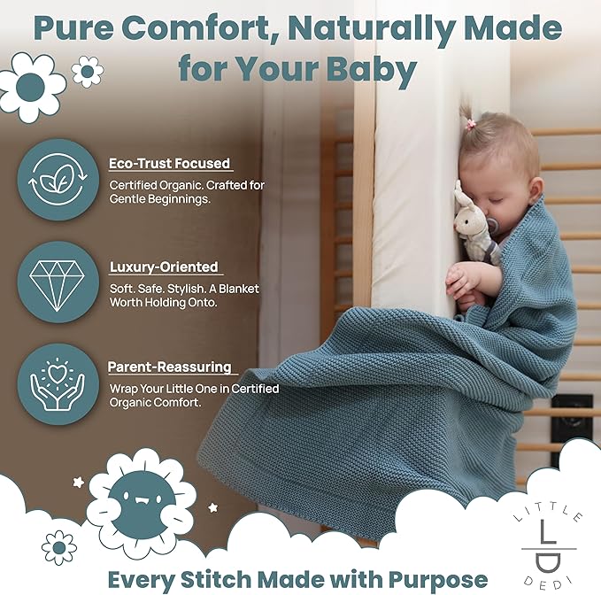 Little Dedi 100% Organic Cotton Baby Knitted Blanket with Gift Box - Soft Toddler, Crib, Stroller Blanket - Neutral Swaddle and Receiving Blanket for Newborns, 30"x40", Smoke Blue