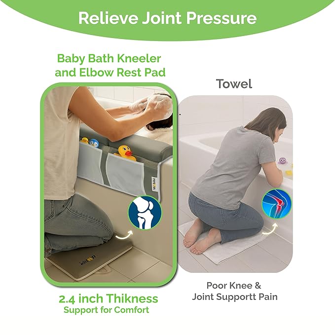 Woobi Baby Bath Kneeler and Elbow Rest Pad Set - 1.5" Thick Memory Foam Knee Pad for Bathing Babies - 6 Suction Cups Non Slip Bath Kneeling pad with Toy Storage - Foldable & Quick Drying-Grey