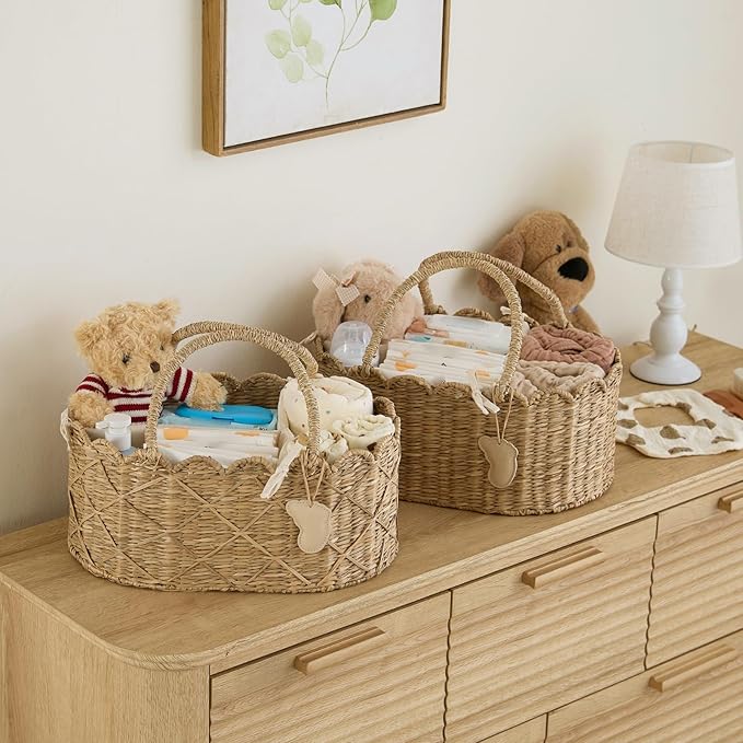 YANGQIHOME Diaper Caddy Organizer, Seagrass Nursery Baby Basket for Baby Essentials, Scalloped Wicker Diaper Caddy, Baby Shower Gifts (Diamond)
