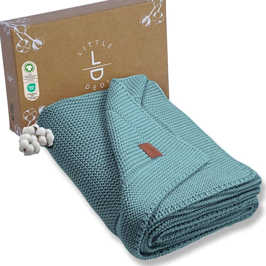 Little Dedi 100% Organic Cotton Baby Knitted Blanket with Gift Box - Soft Toddler, Crib, Stroller Blanket - Neutral Swaddle and Receiving Blanket for Newborns, 30"x40", Smoke Blue