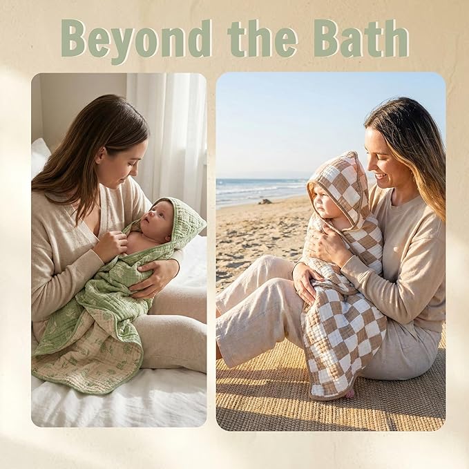HardNok Muslin Baby Towel Set, 4-Piece Newborn Gift with 2 Bath & 2 Washcloths, Baby Shower Ready, Earthy Botanicals Theme 32" X 32"