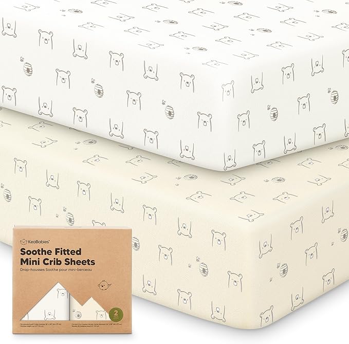 2-Pack Mini Crib Sheets Fitted - 38x26 Pack N Play Sheets for Pack and Play Mattress, Organic Cotton, Soft & Breathable Playard Bedding, Neutral Mini Toddler Bed Cover for Boys, Girls (Bumble Bear)