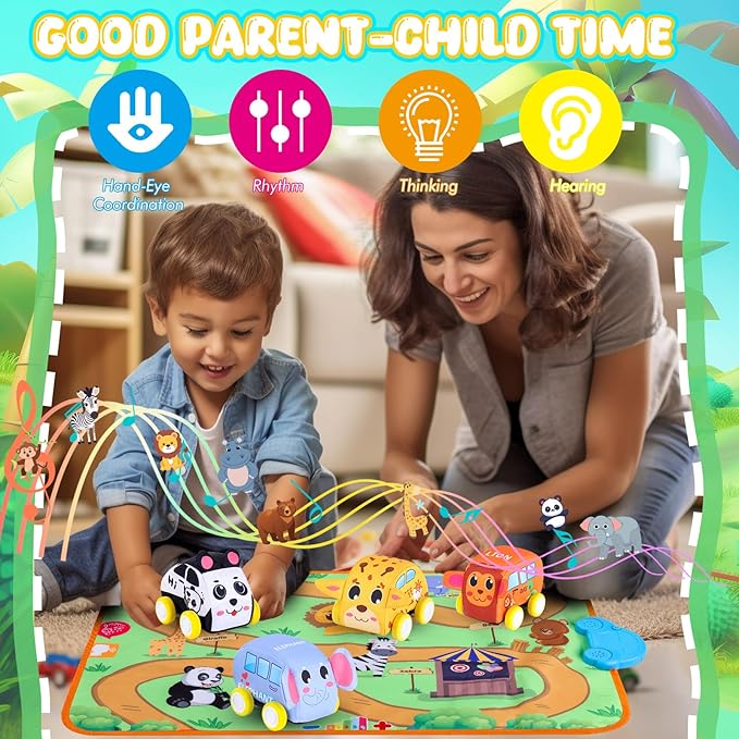 New Pull Back Vehicle & Music Mat Set, Soft Baby Toy Set with 4 Cute Animal Cars and Touch Play Blanket, New Interactive Mode, Folding and Storage 2-in-1, First Birthday Gifts for Toddler Toys 1-3