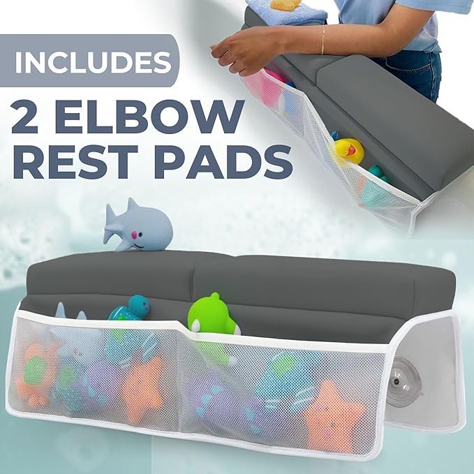 Comfortable Baby Bath Kneeler and Elbow Rest Pad Set – Thick Memory Foam Bath Kneeling Pad with Elbow Support – Baby Bathtub Cushion with Toy Organizer for Bathing Infant or Toddler - Dark Grey
