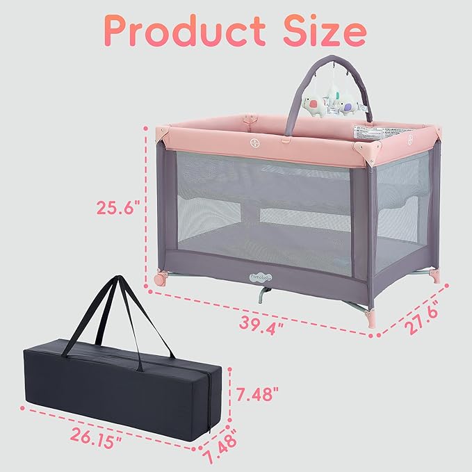 Pamo Babe Pack and Play with Bassinet, Pink Portable Playard for Baby